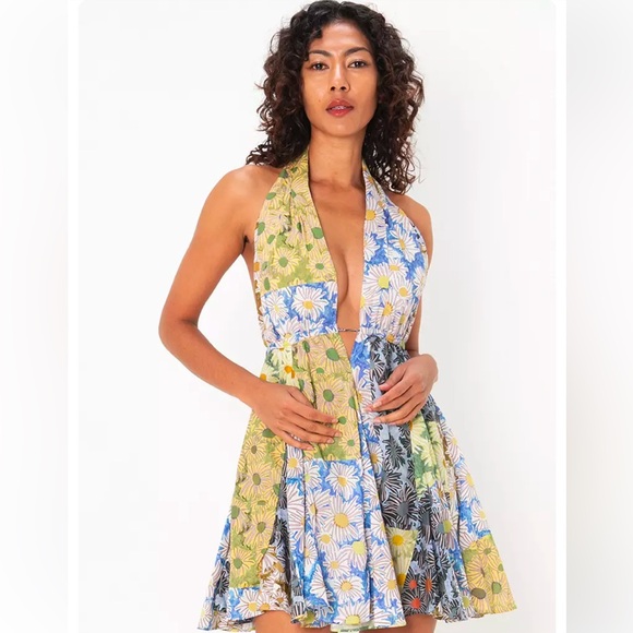 Zara Dresses & Skirts - Zara Floral Halter Plunge Festival boho backless Vacation Cotton Summer Dress XL